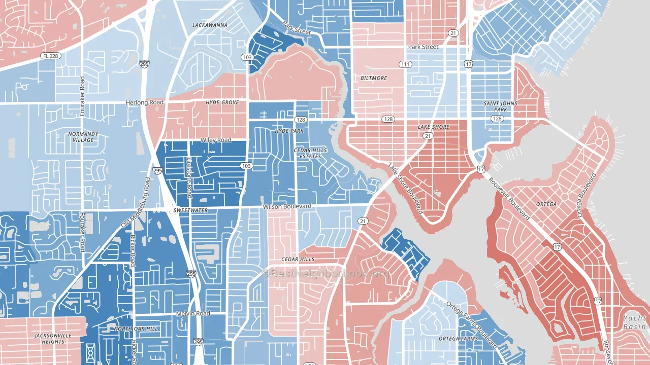 Cedar Hills Estates, Jacksonville, FL block-group political-lean map