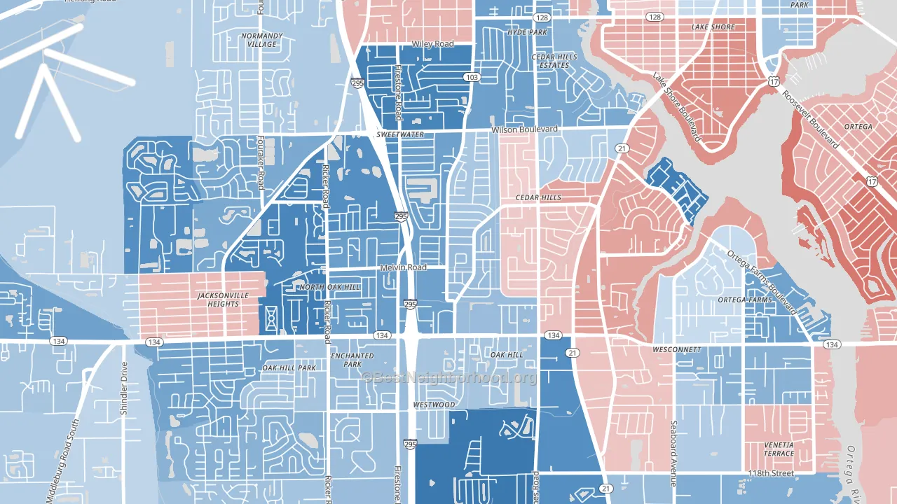 Cedar Hills, Jacksonville, FL block-group political-lean map