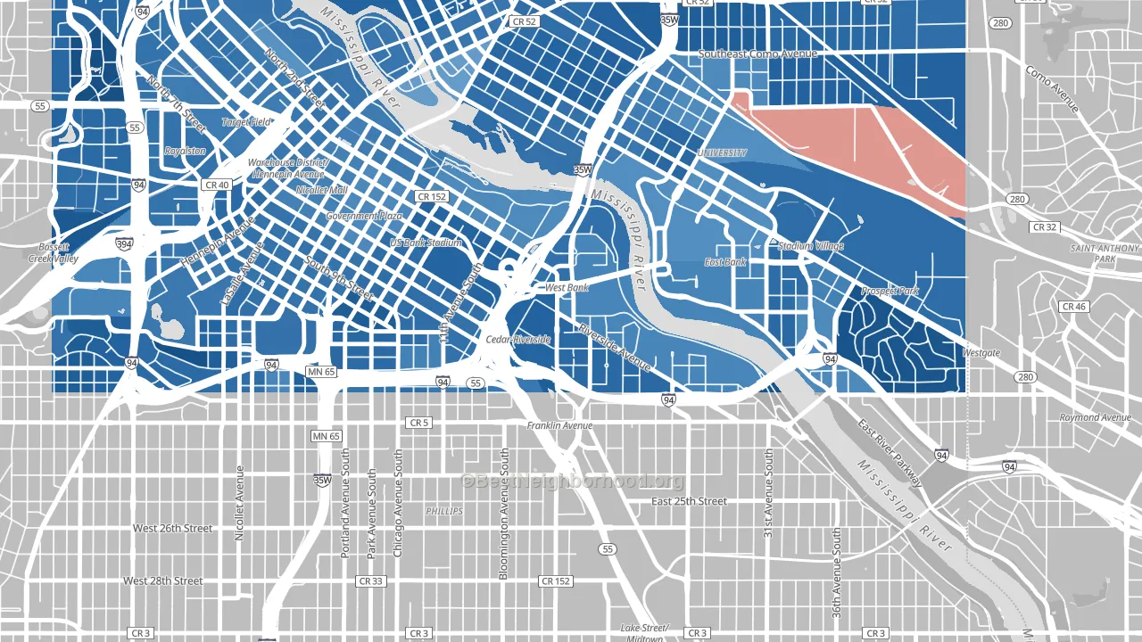 Cedar-Riverside, Minneapolis, MN block-group political-lean map