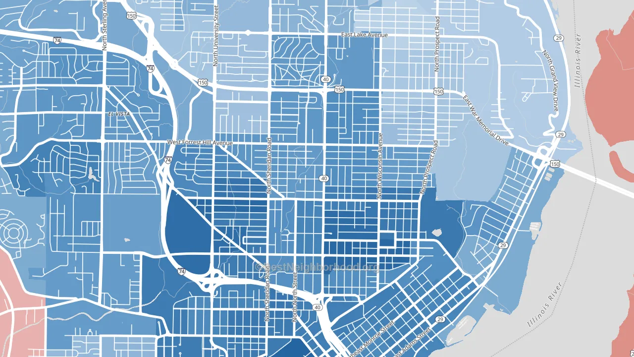 Center Bluff, Peoria, IL block-group political-lean map