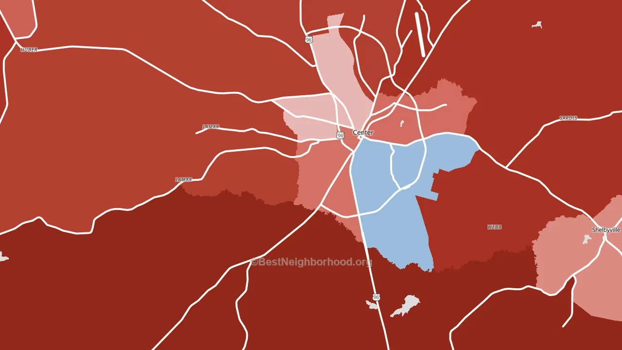 Center, TX block-group political-lean map