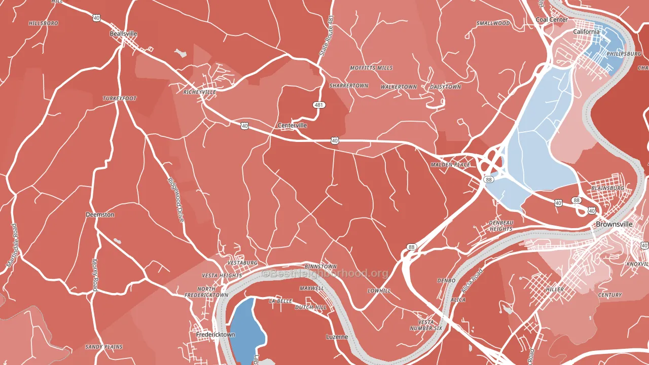 Centerville, Brownsville, PA block-group political-lean map