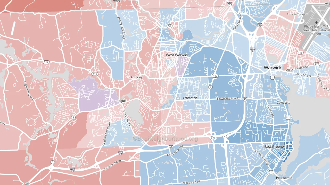 Centerville, West Warwick, RI block-group political-lean map