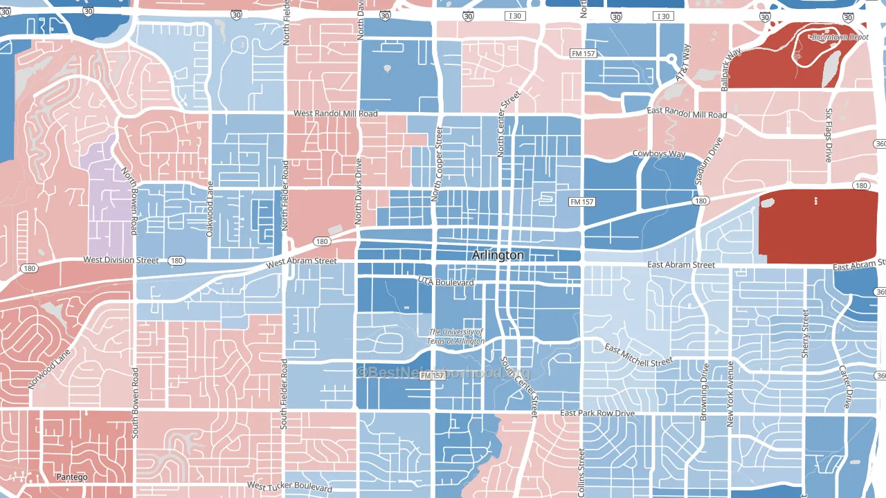 Central Arlington, Arlington, TX block-group political-lean map