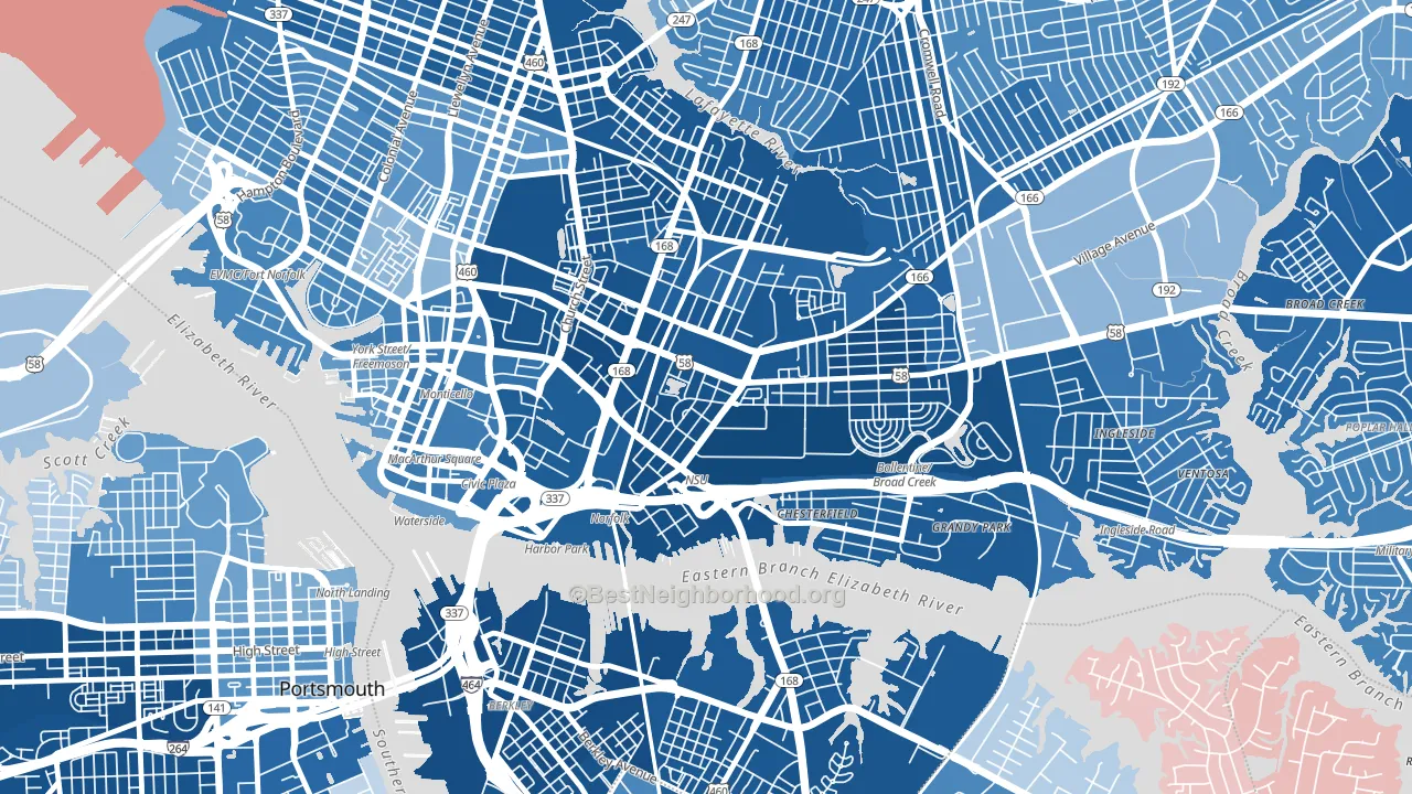 Central Brambleton, Norfolk, VA block-group political-lean map