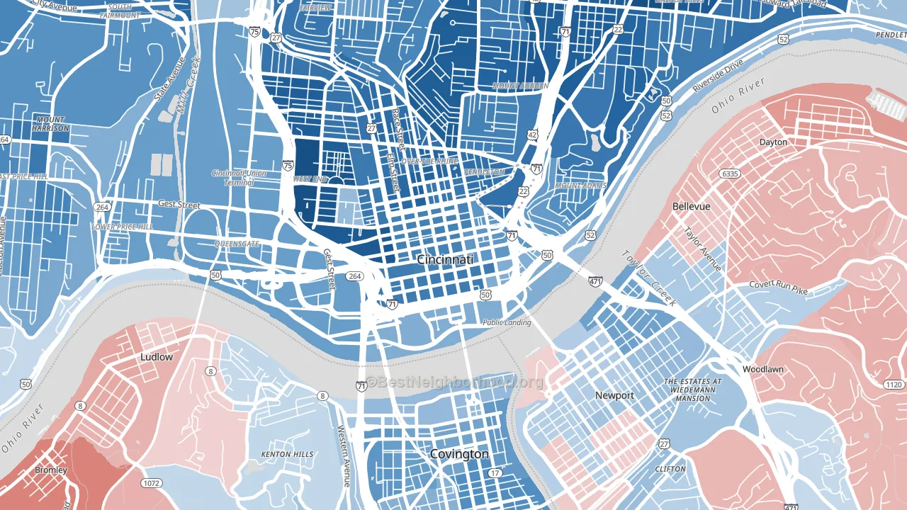 Central Business District, Cincinnati, OH block-group political-lean map