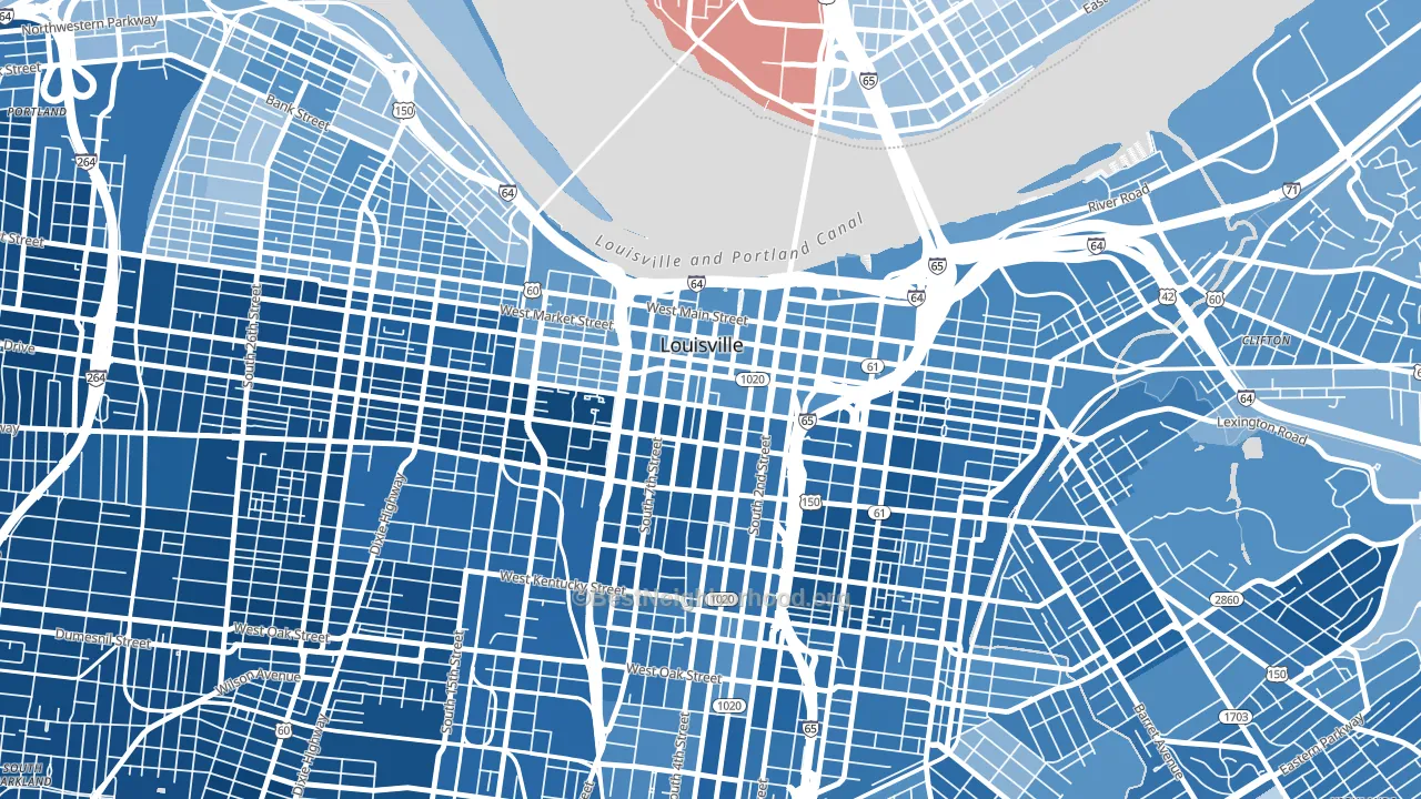 Central Business District, Louisville, KY block-group political-lean map