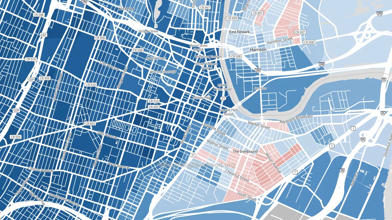 Central Business District, Newark, NJ block-group political-lean map
