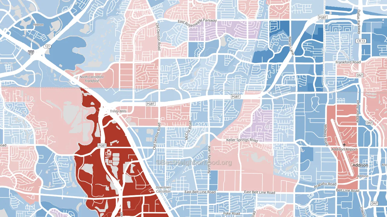 Central Carrollton, Carrollton, TX block-group political-lean map