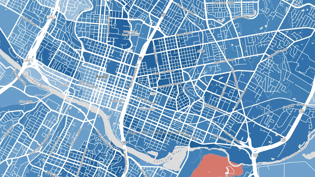 Central East Austin, Austin, TX block-group political-lean map