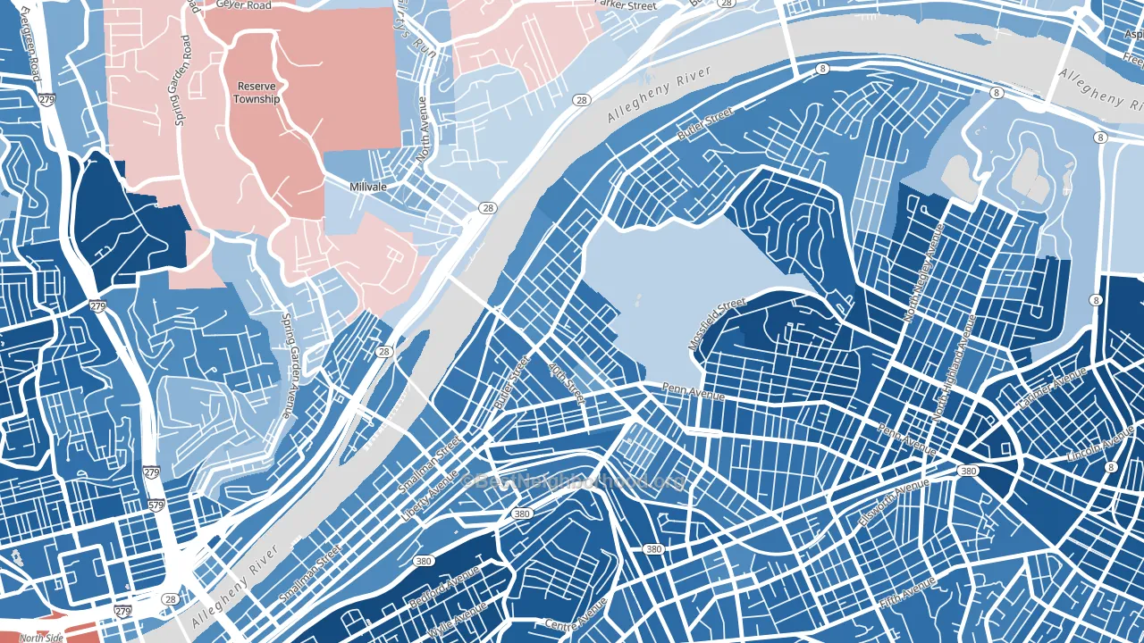 Central Lawrenceville, Pittsburgh, PA block-group political-lean map