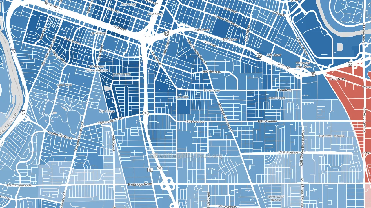 Central Oak Park, Sacramento, CA block-group political-lean map