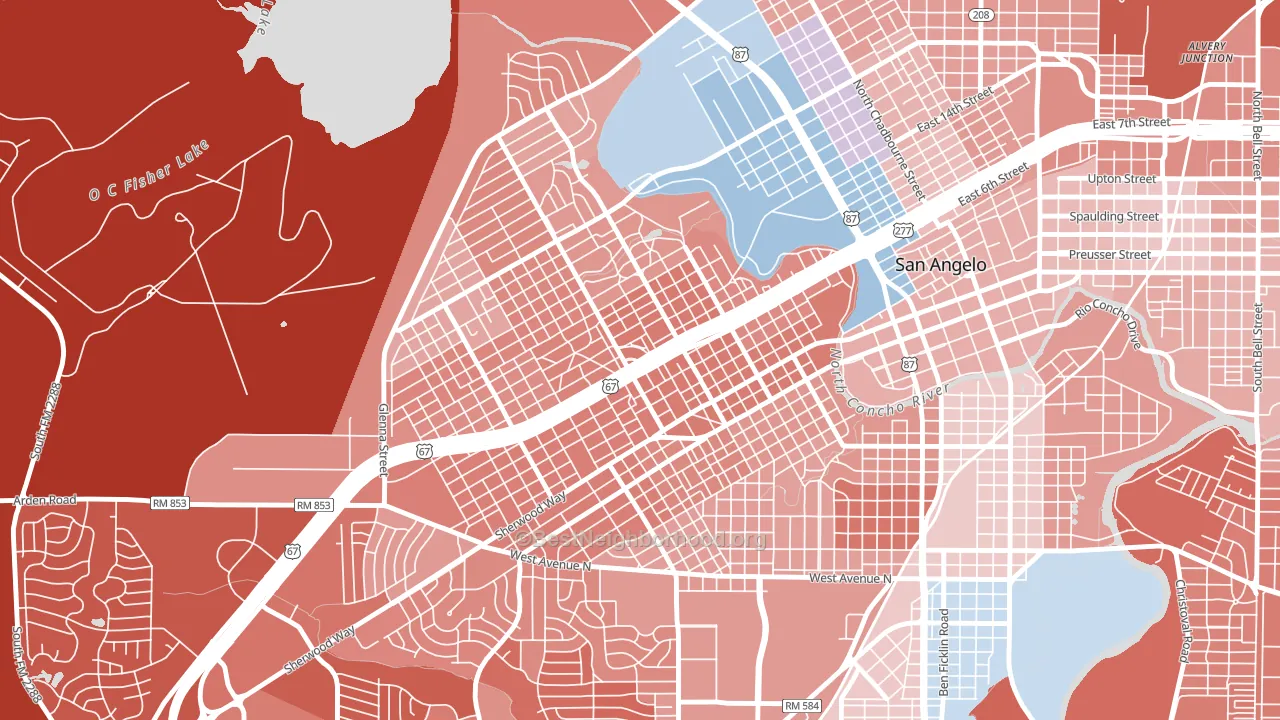 Central, San Angelo, TX block-group political-lean map