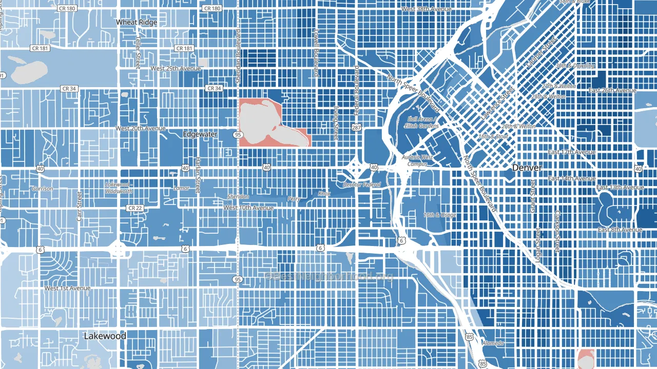 Central West Denver, Denver, CO block-group political-lean map