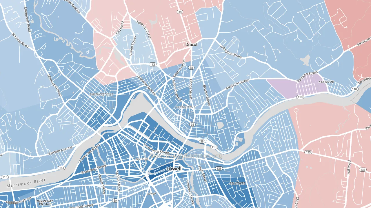 Centralville, Lowell, MA block-group political-lean map