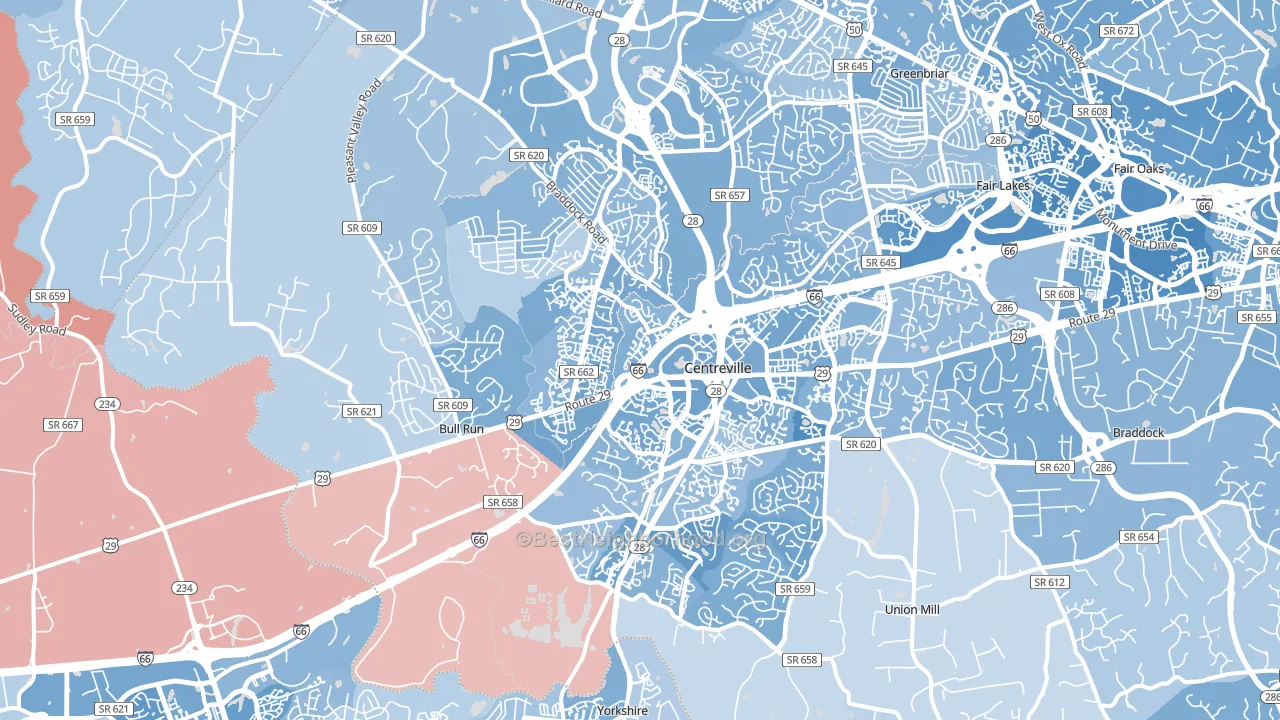 Centreville, VA block-group political-lean map