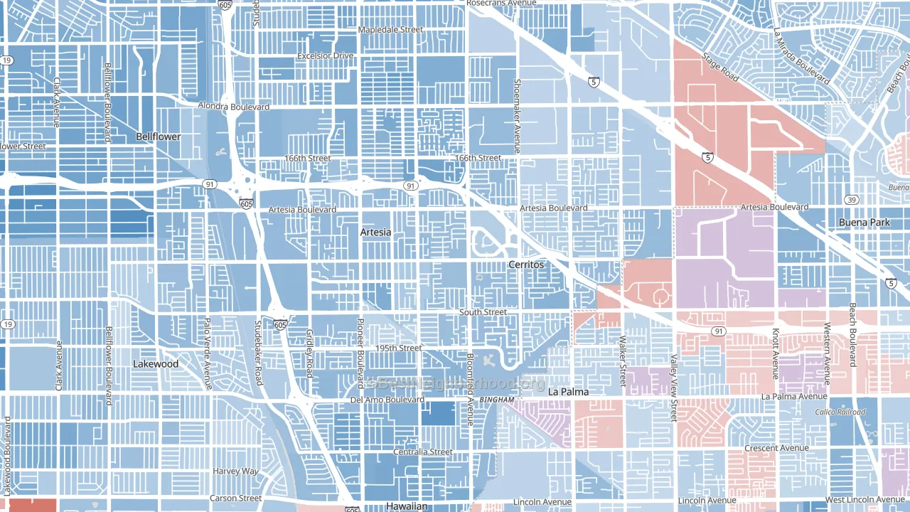 Cerritos, CA block-group political-lean map