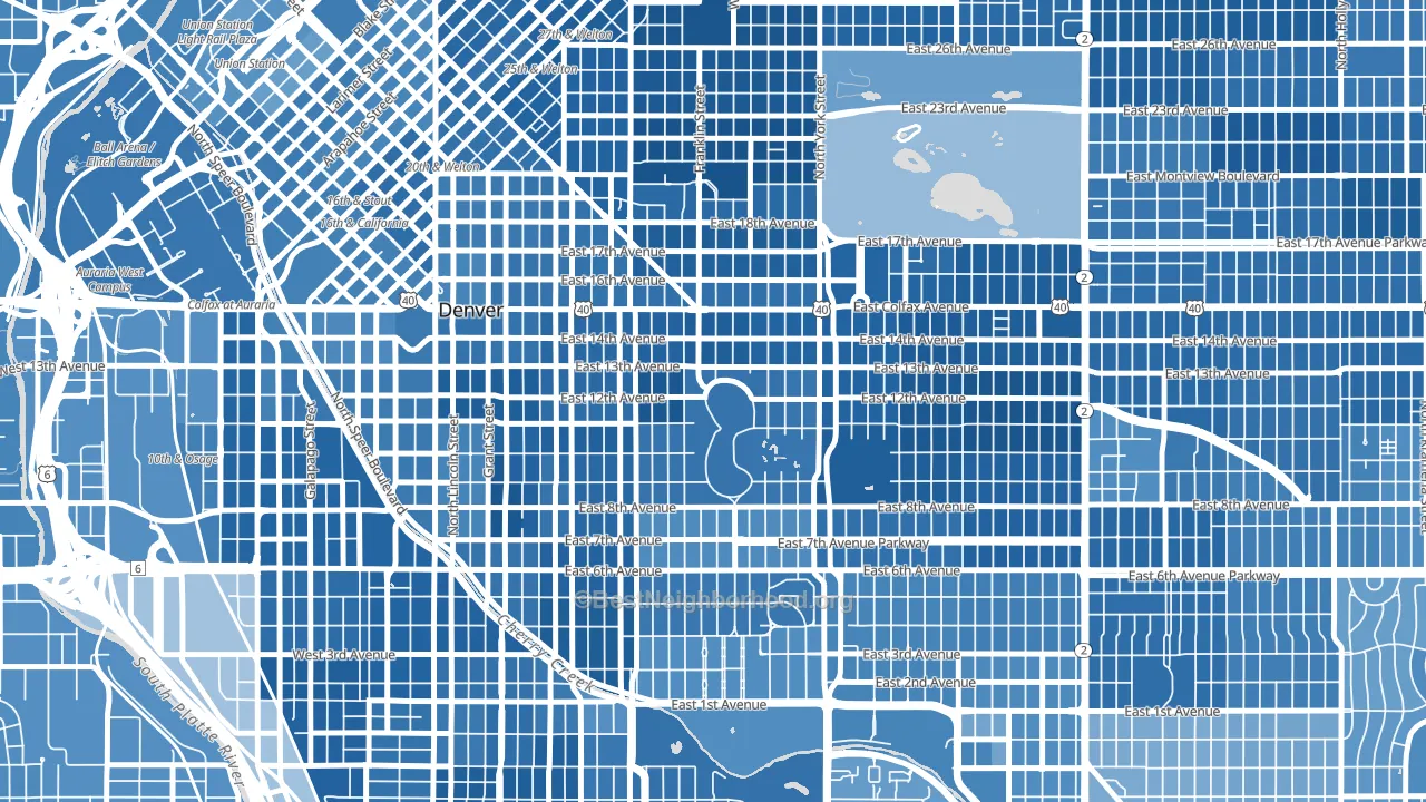 Cheesman Park, Denver, CO block-group political-lean map