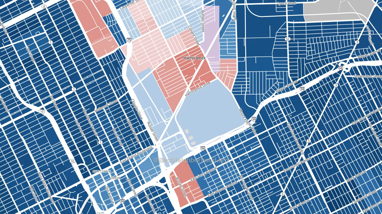 Chene, Detroit, MI block-group political-lean map