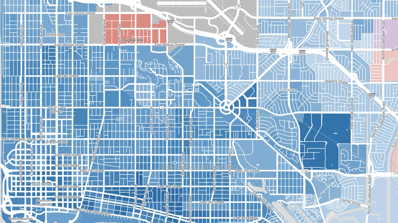 Circle Area, Long Beach, CA block-group political-lean map