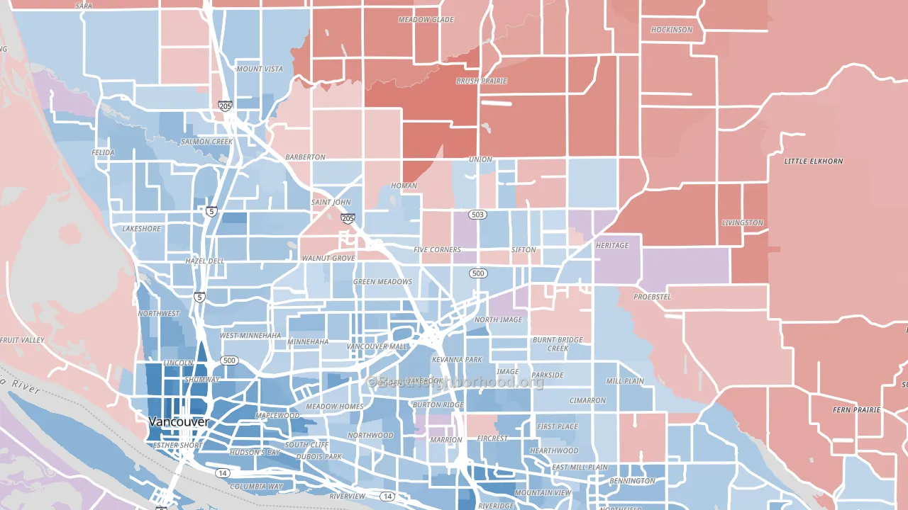 Clark County, WA block-group political-lean map