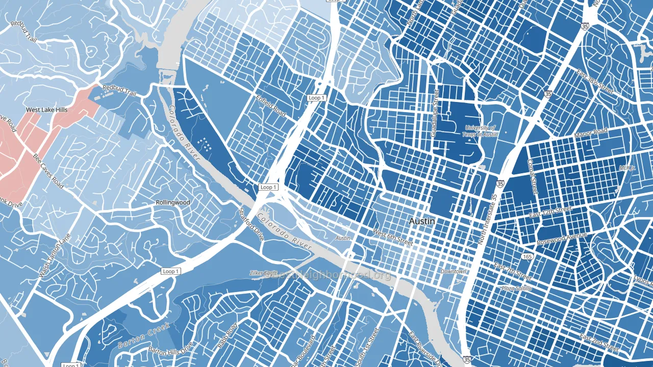 Clarksville, Austin, TX block-group political-lean map