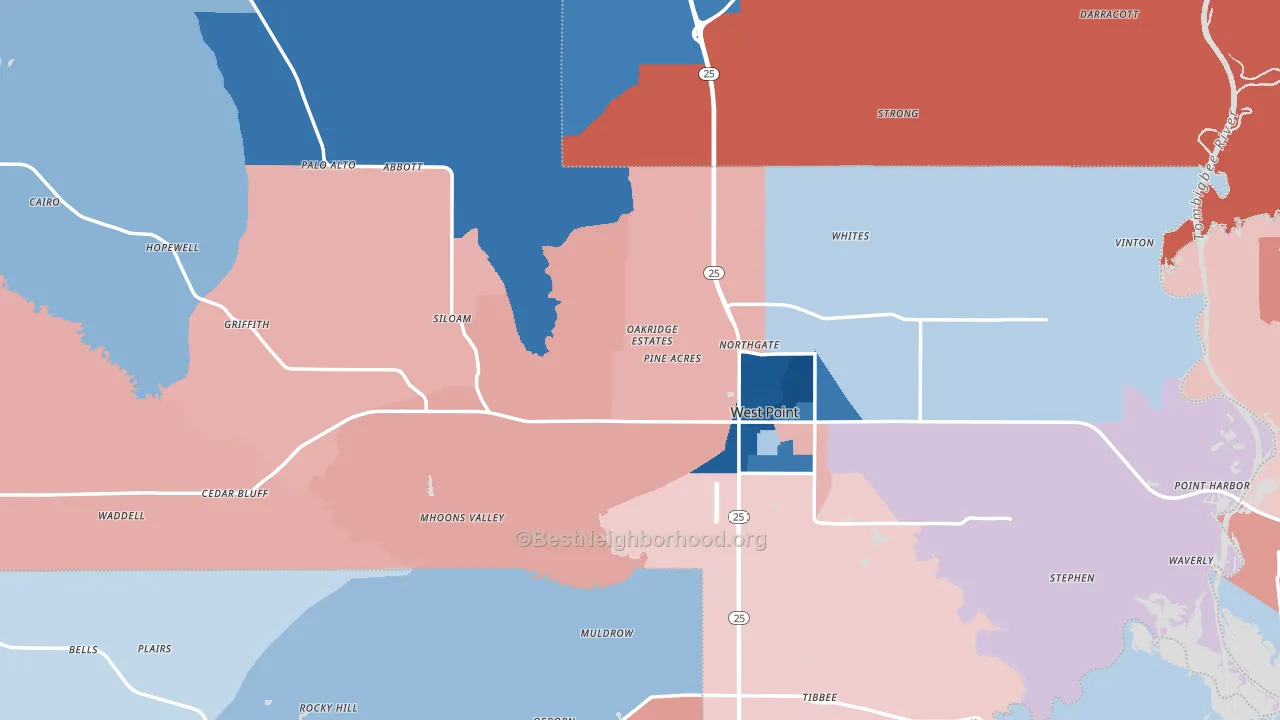 Clay County, MS block-group political-lean map