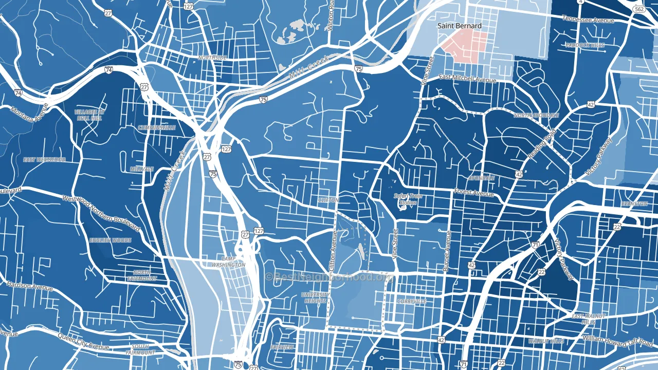 Clifton, Cincinnati, OH block-group political-lean map