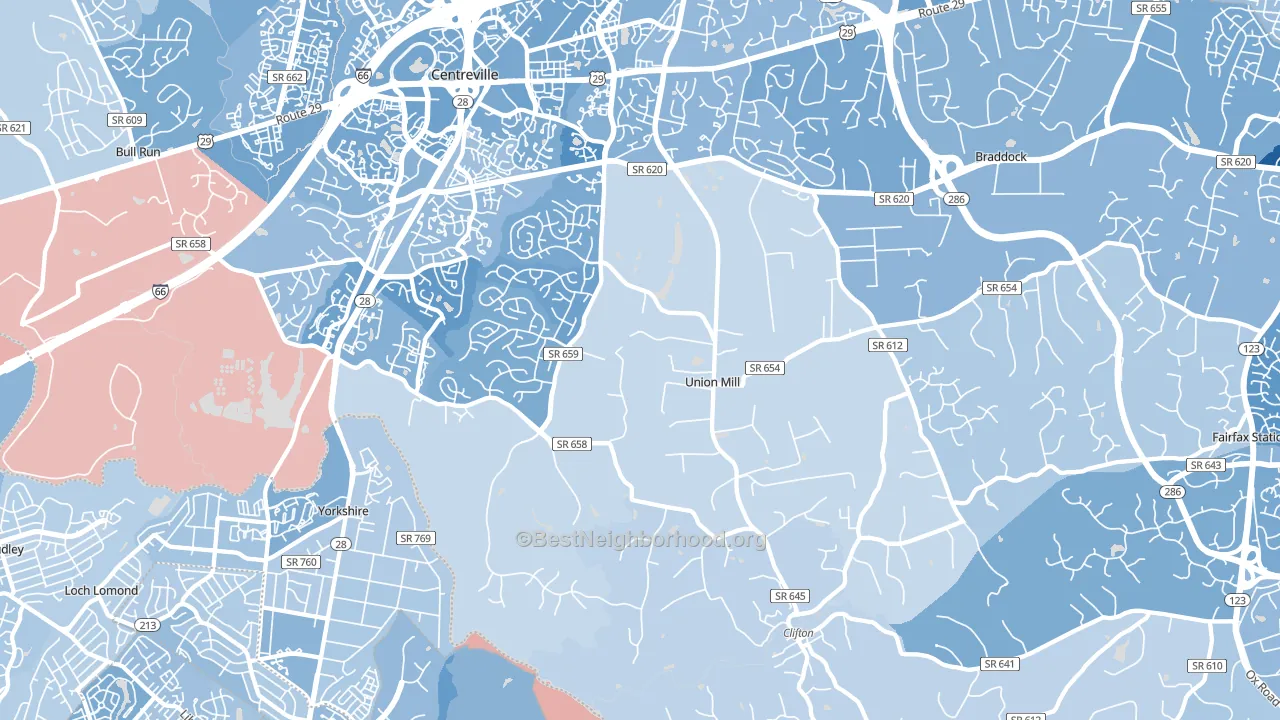 Clifton, VA block-group political-lean map