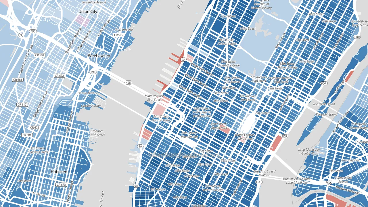 Clinton, Manhattan, NY block-group political-lean map