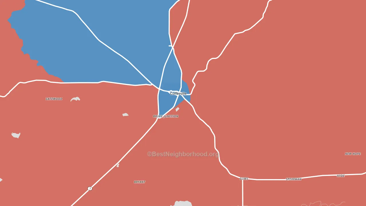 Coffeeville, MS block-group political-lean map