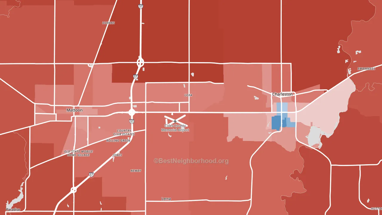 Coles County, IL block-group political-lean map