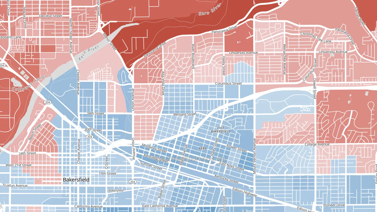 College Heights Baker Street, Bakersfield, CA block-group political-lean map