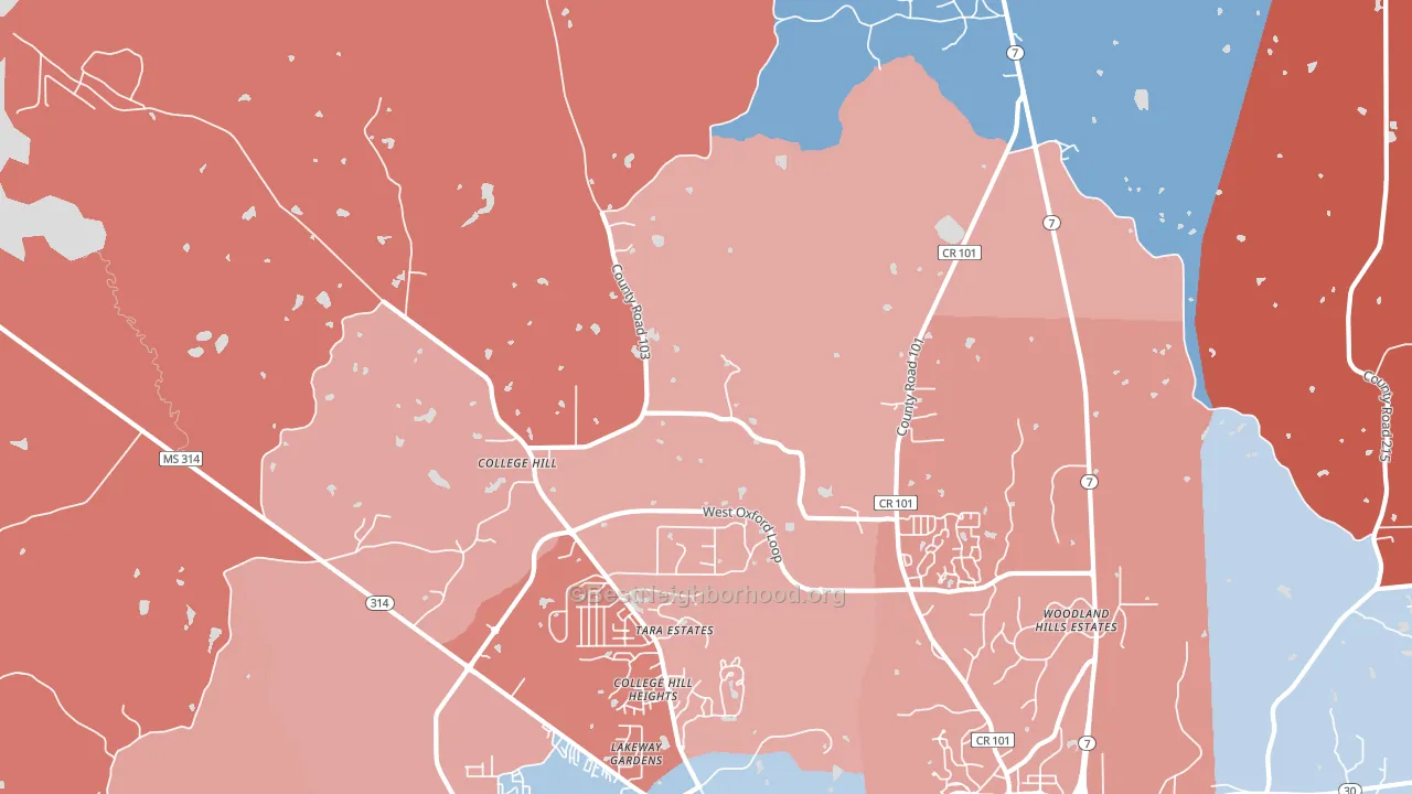 College Hill, MS block-group political-lean map