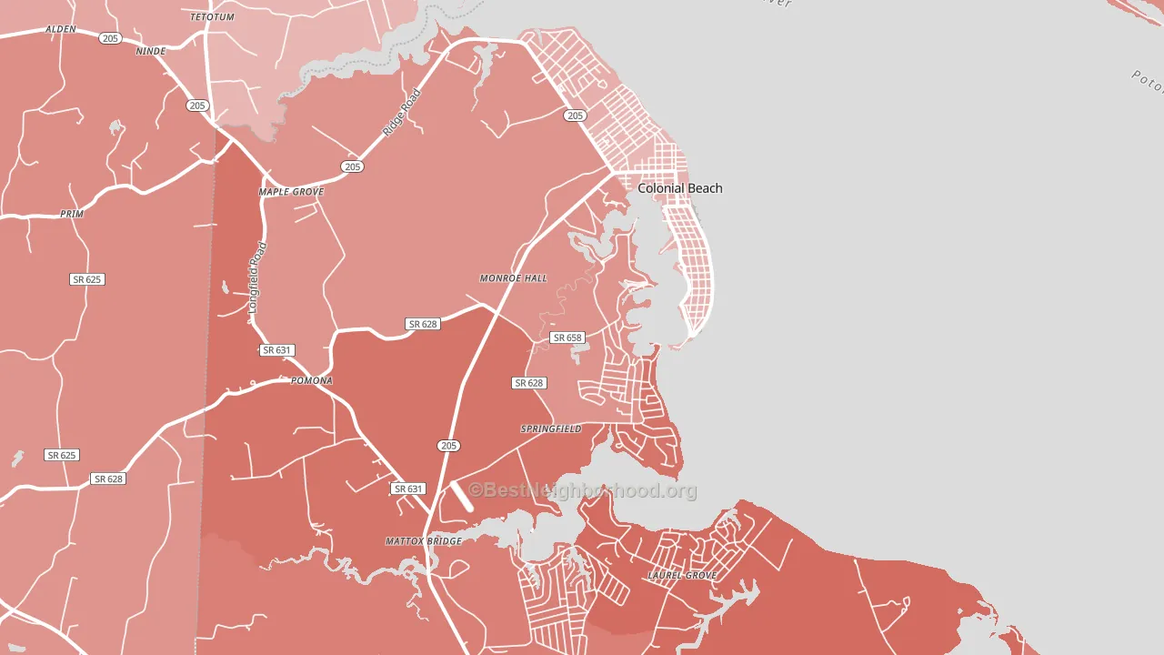 Colonial Beach, VA block-group political-lean map