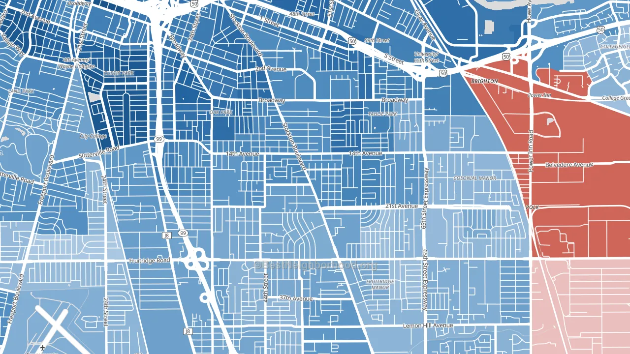 Colonial Heights, Sacramento, CA block-group political-lean map