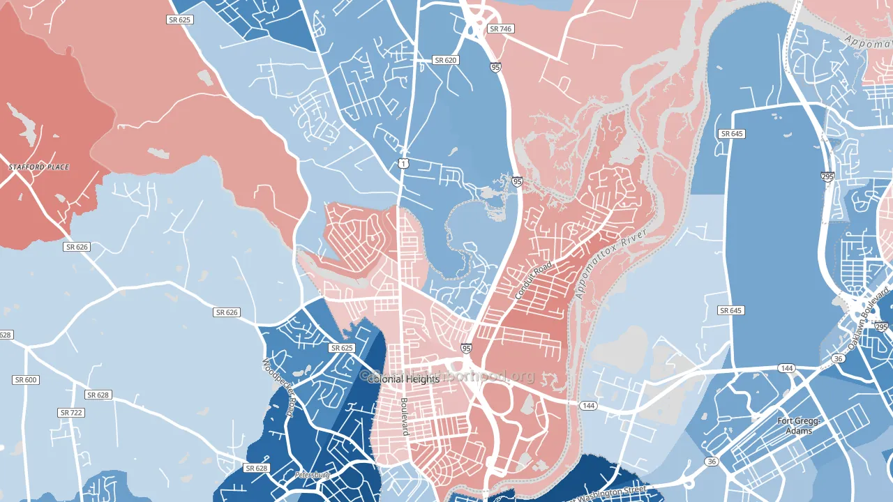 Colonial Heights, VA block-group political-lean map