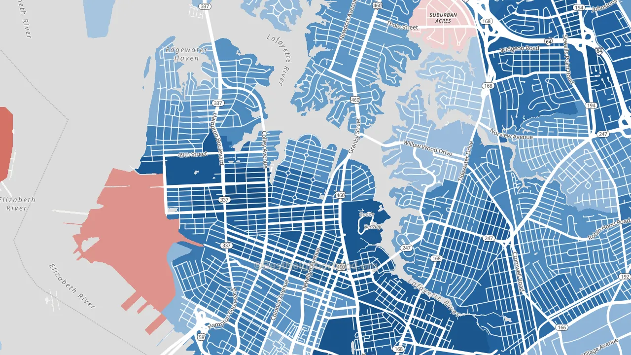 Colonial Place Riverview, Norfolk, VA block-group political-lean map
