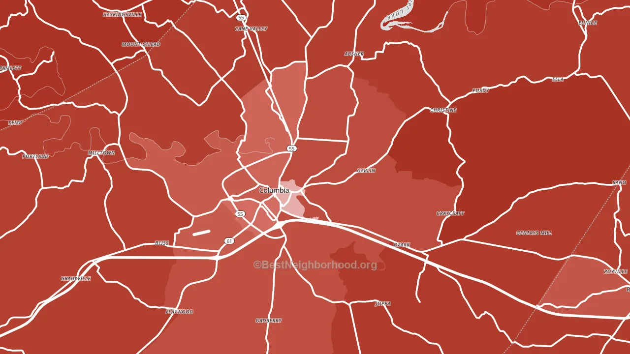 Columbia, KY block-group political-lean map