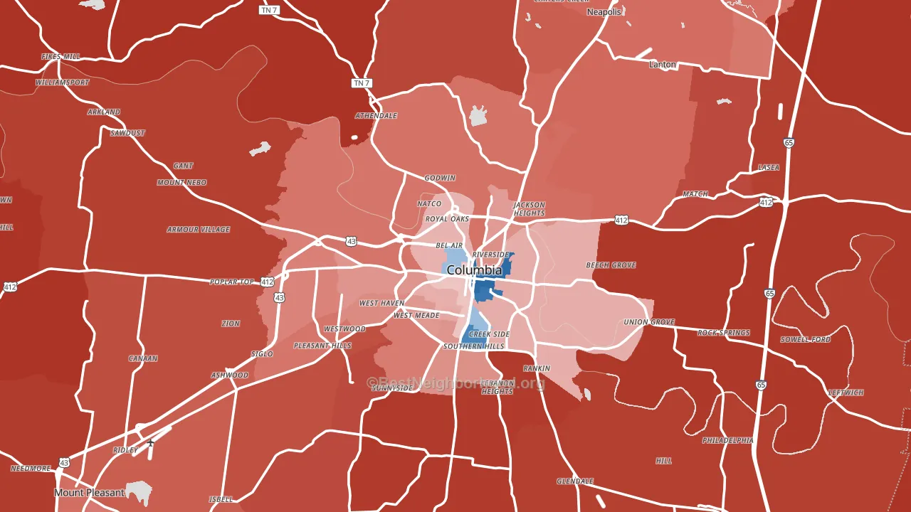 Columbia, TN block-group political-lean map