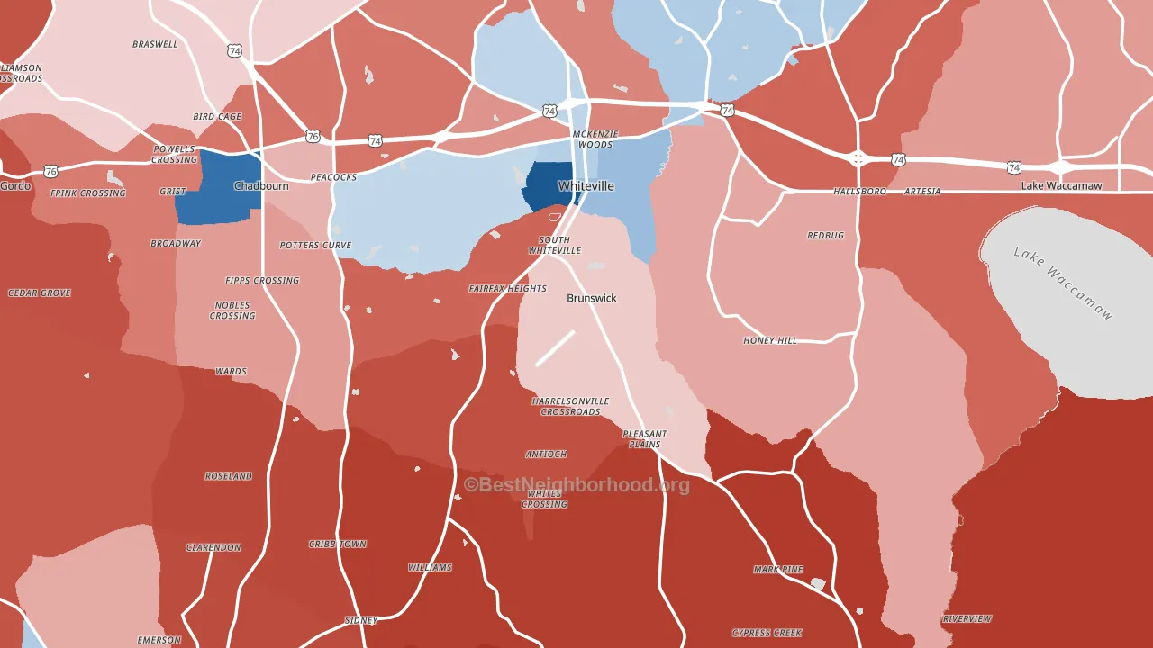 Columbus County, NC block-group political-lean map