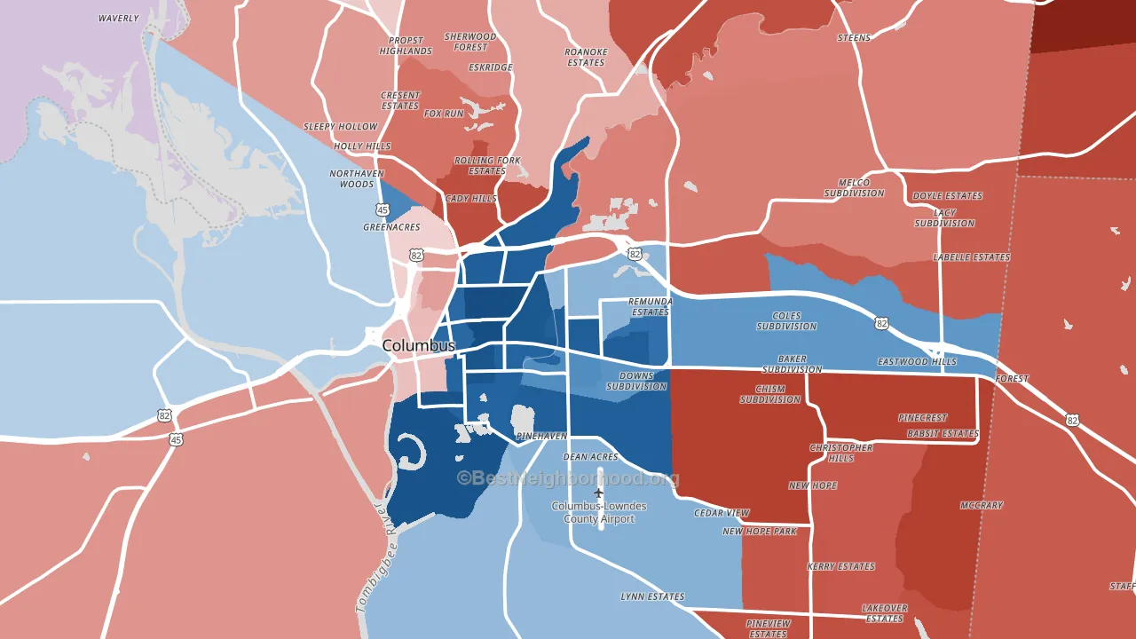 Columbus, MS block-group political-lean map