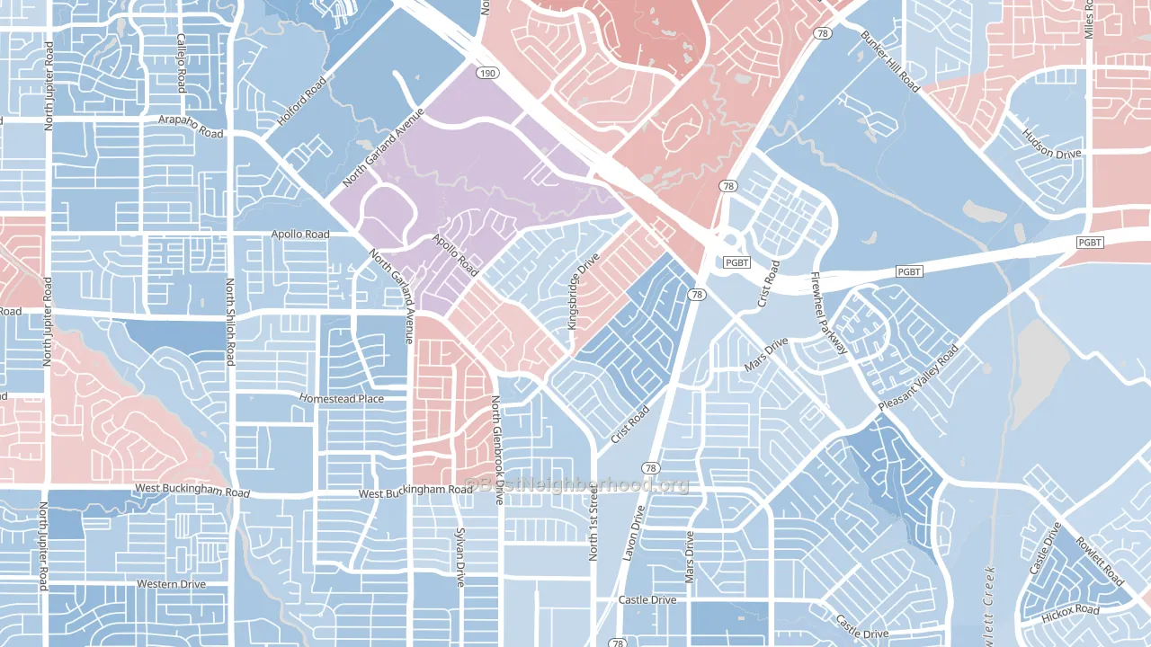 Coomer Creek, Garland, TX block-group political-lean map