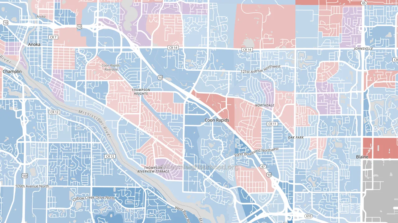 Coon Rapids, MN block-group political-lean map