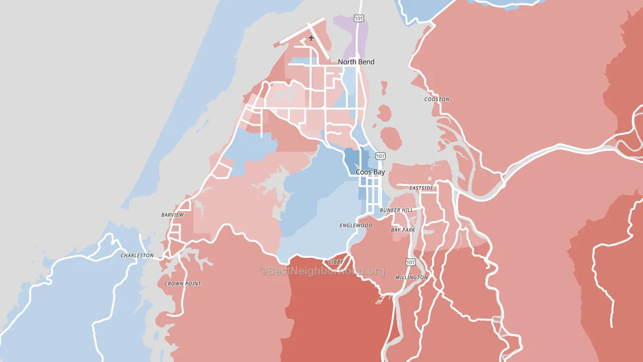 Coos Bay, OR block-group political-lean map