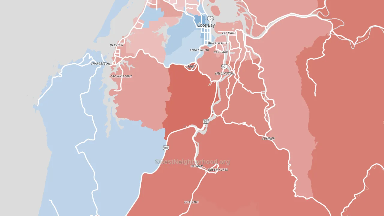 Coos County, OR block-group political-lean map