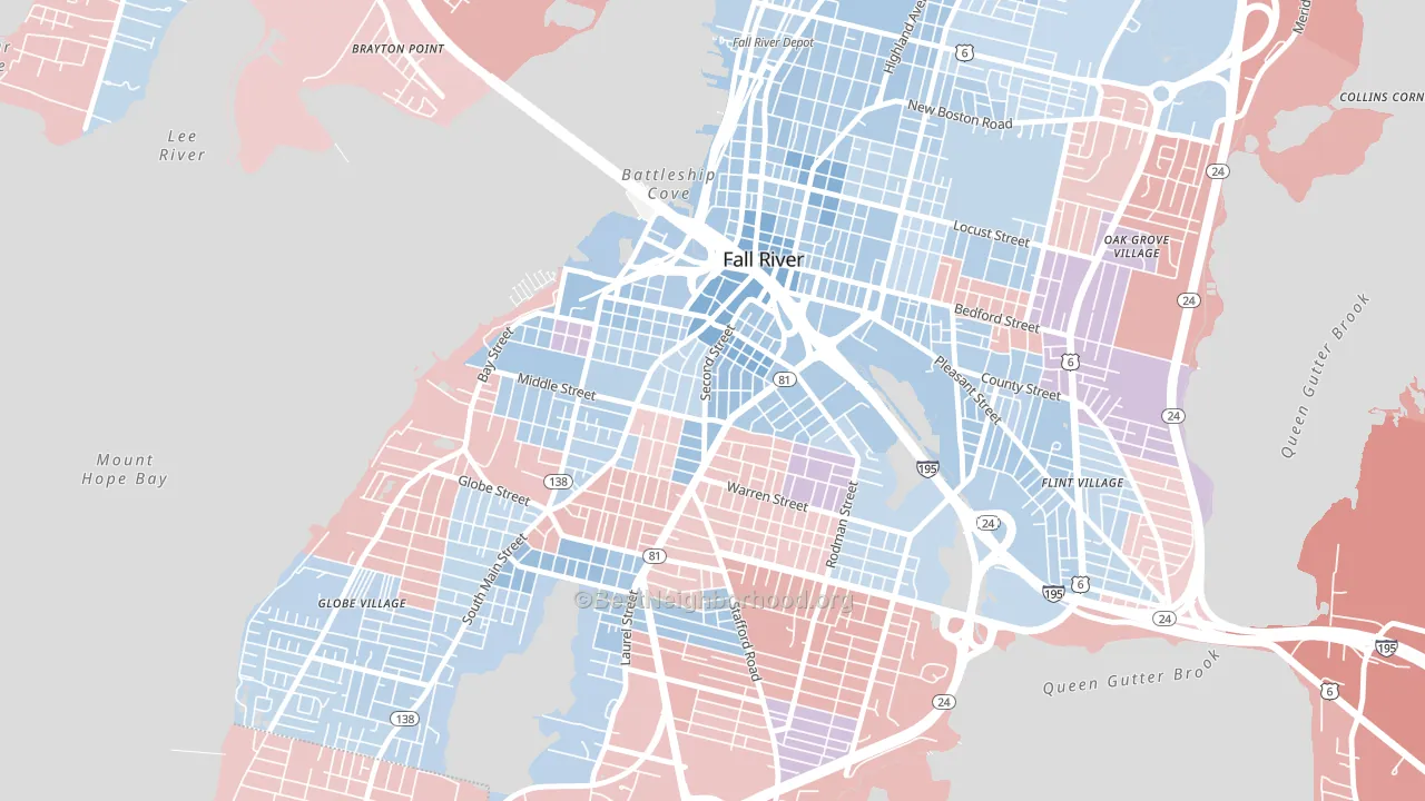 Corky Row, Fall River, MA block-group political-lean map