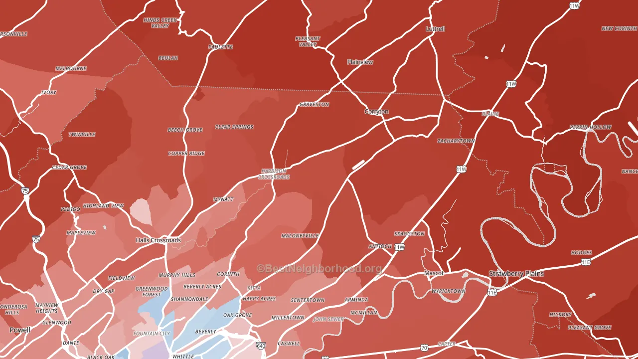 Corryton, TN block-group political-lean map