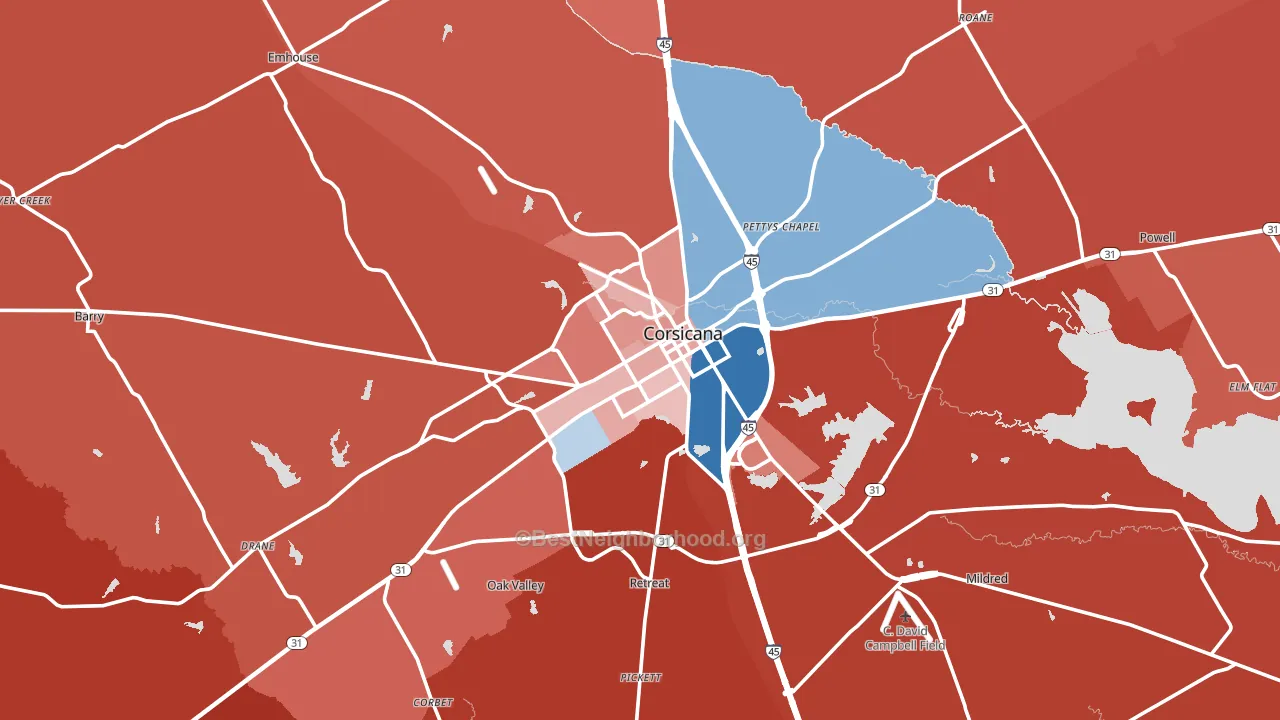 Corsicana, TX block-group political-lean map