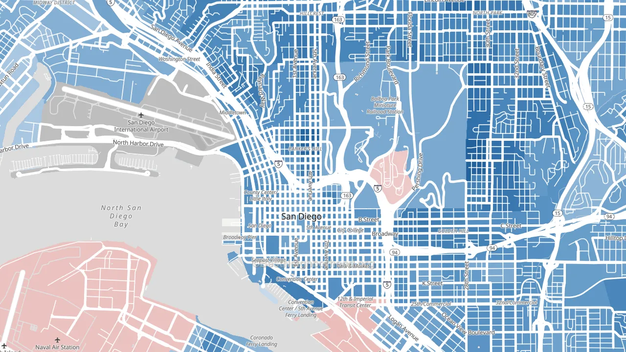 Cortez Hill, San Diego, CA block-group political-lean map
